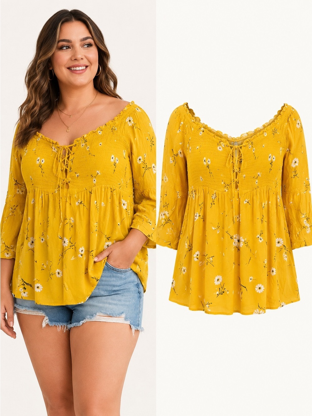 Torrid Yellow Daisy Floral Smocked Peasant Top 2X Boho